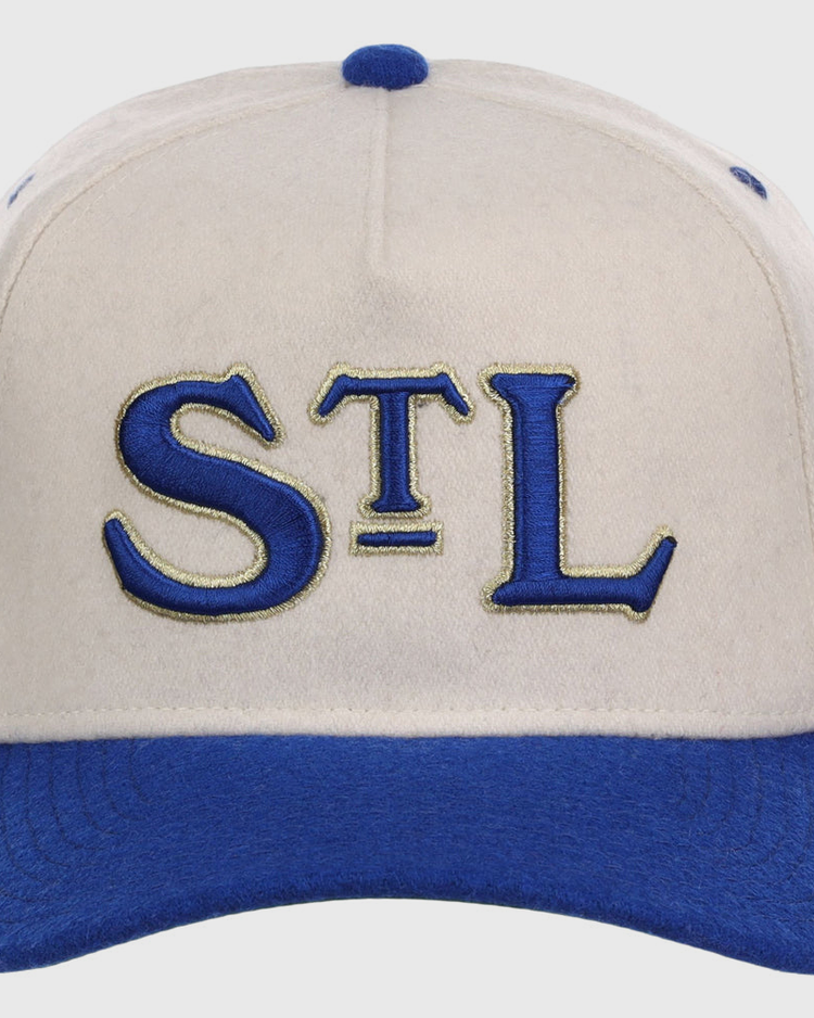 The Ebbets Field St. Louis Stars NLB Ballpark A-Frame Ballcap is white with a blue brim and button, featuring bold blue 