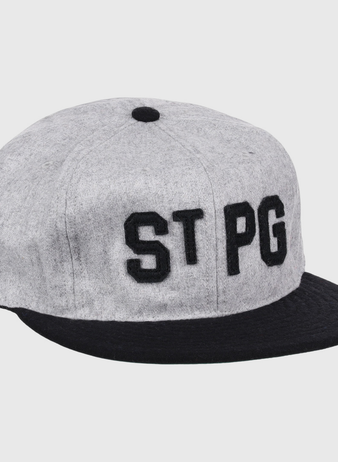 The St. Paul Gophers 1909 Vintage Ballcap by Ebbets Field Flannels features a gray crown, black brim, and bold black “ST PG” letters—an authentic reproduction inspired by the classic 1909 design.