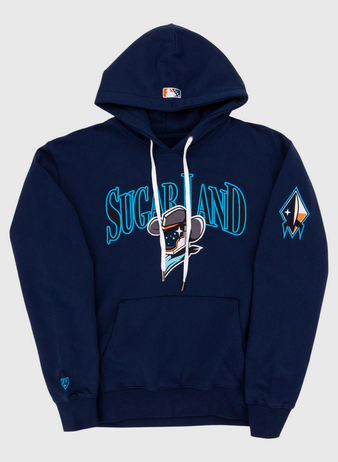The Ebbets Field Sugarland Space Cowboys MiLB Cotton Hooded Sweatshirt is navy blue with 