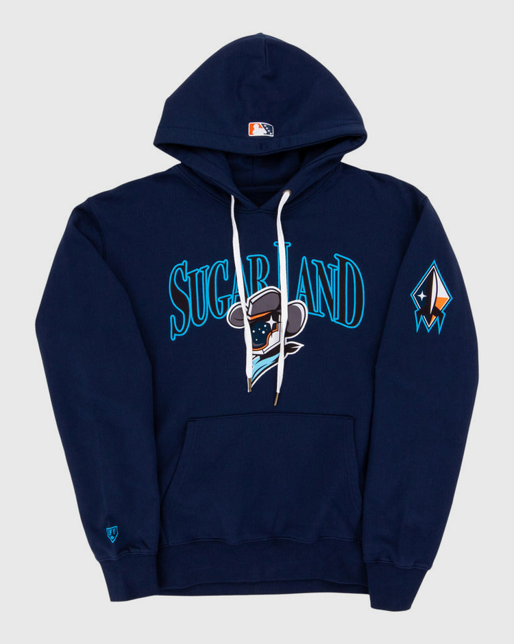 The Ebbets Field Sugarland Space Cowboys MiLB Cotton Hooded Sweatshirt is navy blue with 