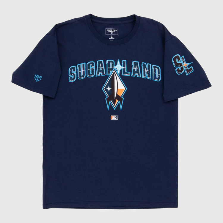 The Ebbets Field Sugarland Space Cowboys MiLB Fashion Cotton Short Sleeve Tee is navy blue with 