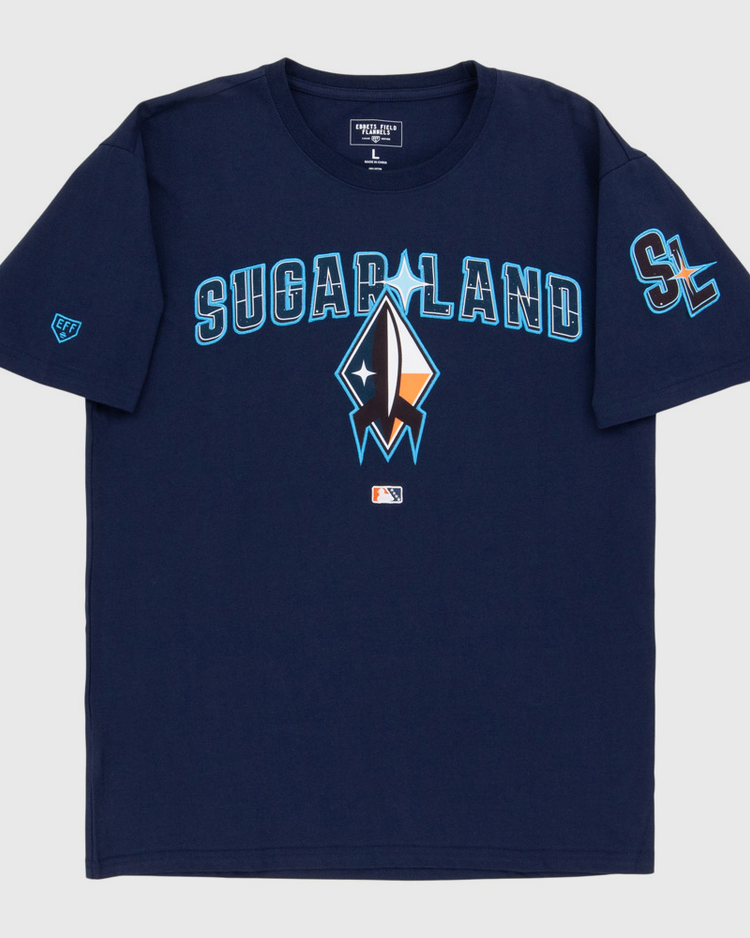 The Ebbets Field Sugarland Space Cowboys MiLB Fashion Cotton Short Sleeve Tee is navy blue with 