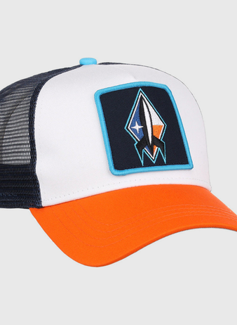 The Ebbets Field Sugarland Space Cowboys MiLB Trucker Ballcap features a white front, navy mesh back, and bright orange brim with a patch showing a stylized rocket ship on the front.