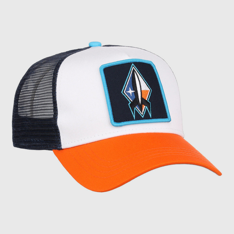 The Ebbets Field Sugarland Space Cowboys MiLB Trucker Ballcap features a white front, navy mesh back, and bright orange brim with a patch showing a stylized rocket ship on the front.