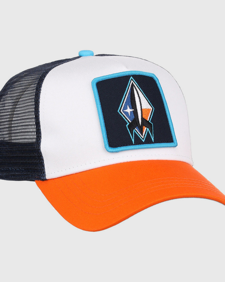 The Ebbets Field Sugarland Space Cowboys MiLB Trucker Ballcap features a white front, navy mesh back, and bright orange brim with a patch showing a stylized rocket ship on the front.