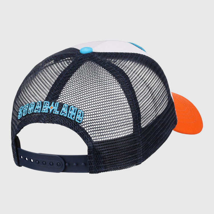 The Ebbets Field Sugarland Space Cowboys MiLB Trucker Ballcap features a white crown, orange brim, navy mesh back with an adjustable snap, and “SUGARLAND” embroidered in blue above the back opening.