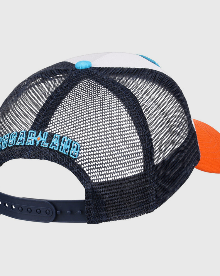 The Ebbets Field Sugarland Space Cowboys MiLB Trucker Ballcap features a white crown, orange brim, navy mesh back with an adjustable snap, and “SUGARLAND” embroidered in blue above the back opening.