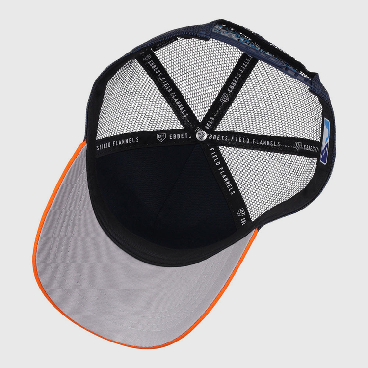 A top-down view of the Ebbets Field Sugarland Space Cowboys MiLB Trucker Ballcap shows a gray brim, orange edge, black mesh back, and interior black bands labeled 