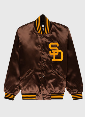 The EFF San Diego Padres 1969 Authentic All Satin Varsity Jacket features brown satin, yellow SD chest letters, and yellow-black striped cuffs, collar, and hem, replicating the team’s classic vintage style.