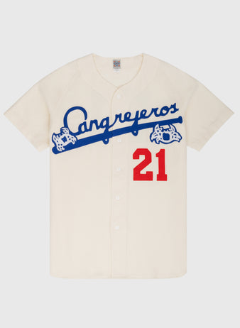 The Ebbets Field Santurce Cangrejeros 1954 Authentic Wool Home Baseball Jersey features cream wool, blue script with two crabs, red #21 for Roberto Clemente, short sleeves, and white buttons—an authentic reproduction.