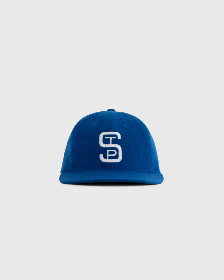 The EFF St. Paul Saints 1955 Authentic Wool Ballcap features a blue design with a white embroidered interlocking S and D logo, displayed against a plain light gray background.