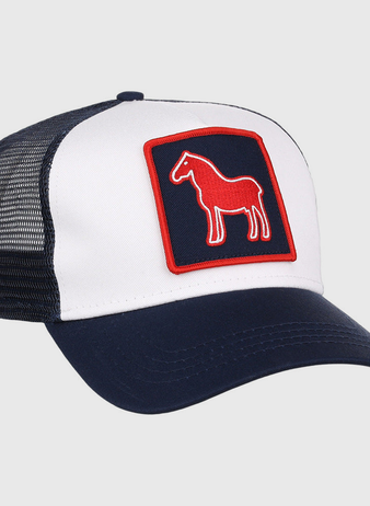 The Ebbets Field Tacoma Rainers MiLB Trucker Ballcap is a navy blue and white mesh-back hat featuring a red horse outline on a square front patch.
