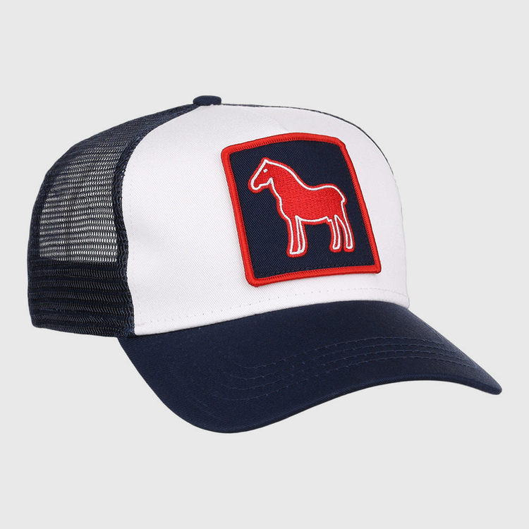 The Ebbets Field Tacoma Rainers MiLB Trucker Ballcap is a navy blue and white mesh-back hat featuring a red horse outline on a square front patch.