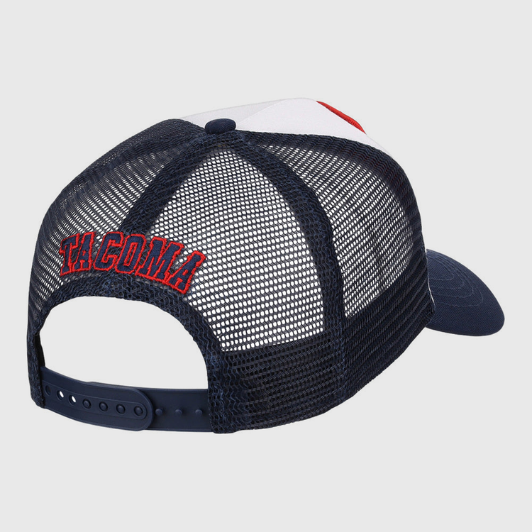 The Ebbets Field Tacoma Rainers MiLB Trucker Ballcap is a navy blue mesh hat with an adjustable snapback and 