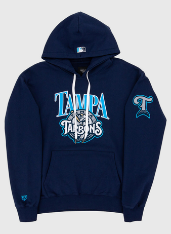 The Ebbets Field Tampa Tarpoons MiLB Cotton Hooded Sweatshirt features TAMPA TARPONS text and mascot logo on the chest, a fish tail logo on the left sleeve, a small logo on the right wrist, white drawstrings, and a front pocket.