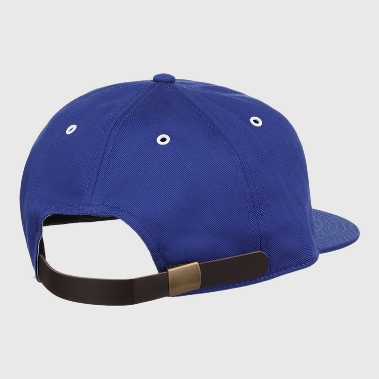 The EFF Trois Rivières Royals Cotton Twill Ballcap in royal blue features white eyelets and an adjustable dark brown strap with a metal clasp—ideal for fans of classic cotton caps or the Trois-Rivières Royals.