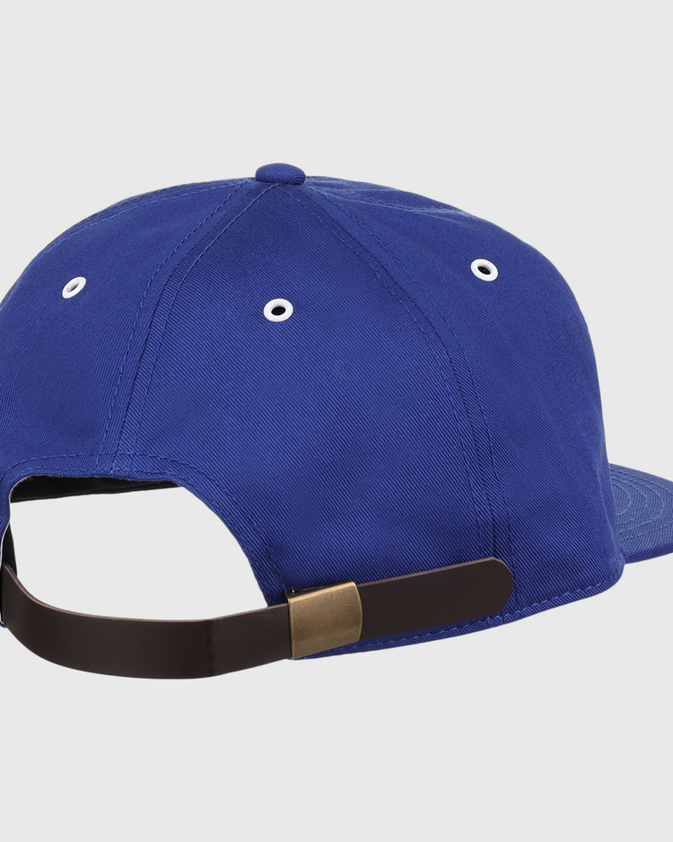 The EFF Trois Rivières Royals Cotton Twill Ballcap in royal blue features white eyelets and an adjustable dark brown strap with a metal clasp—ideal for fans of classic cotton caps or the Trois-Rivières Royals.