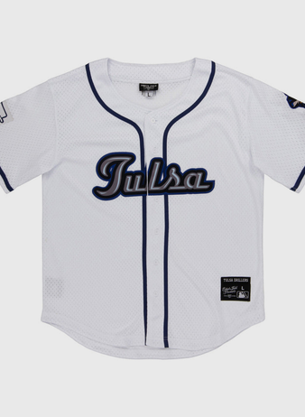 The Ebbets Field Tulsa Drillers MiLB Button Down Jersey features white fabric, 