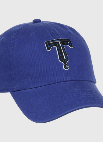 The Tulsa Drillers MiLB Dad Ballcap by Ebbets Field is a blue baseball cap with a stylized black and white embroidered letter T on the front.