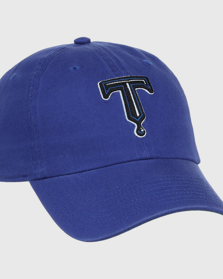 The Tulsa Drillers MiLB Dad Ballcap by Ebbets Field is a blue baseball cap with a stylized black and white embroidered letter T on the front.