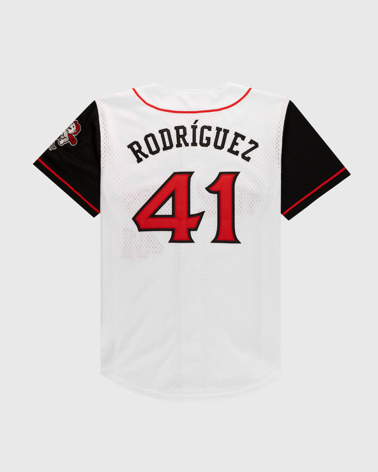 The Ebbets Field JULIO RODRIGUEZ BUTTON UP MESH JERSEY WHT/BLK features black sleeves, red trim, “RODRÍGUEZ” and number 41 in red with black outline on the back, plus a patch on the right sleeve.
