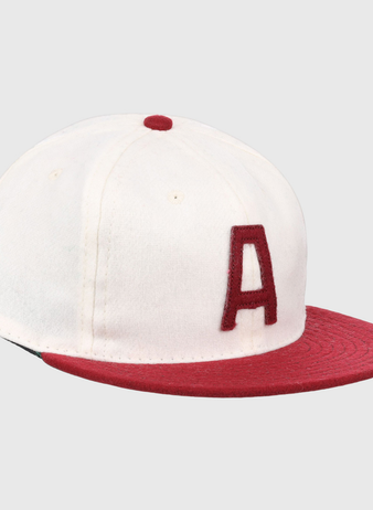 The EFF University of Alabama 1950 Vintage Ballcap is a white wool cap with a red brim, large red A on the front, and matching red button—ideal for fans of classic Alabama style.