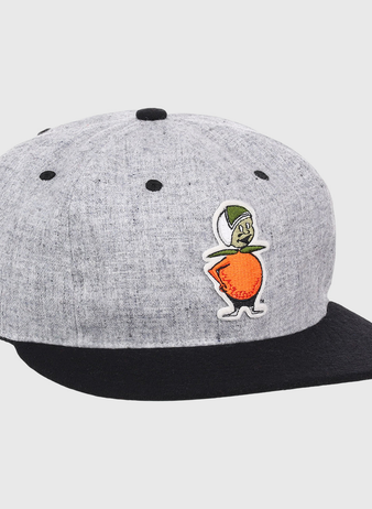 The EFF University of Central Florida Mascot Vintage Ballcap is a gray and black flat-brimmed cap featuring the embroidered Citronaut—UCF’s mascot with an orange body, white limbs, and green hat—officially licensed.