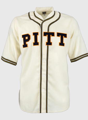 The EFF University of Pittsburgh 1939 Jersey is a cream authentic collegiate baseball jersey with black and gold trim, PITT across the front, center buttons, and striped sleeves and collar.