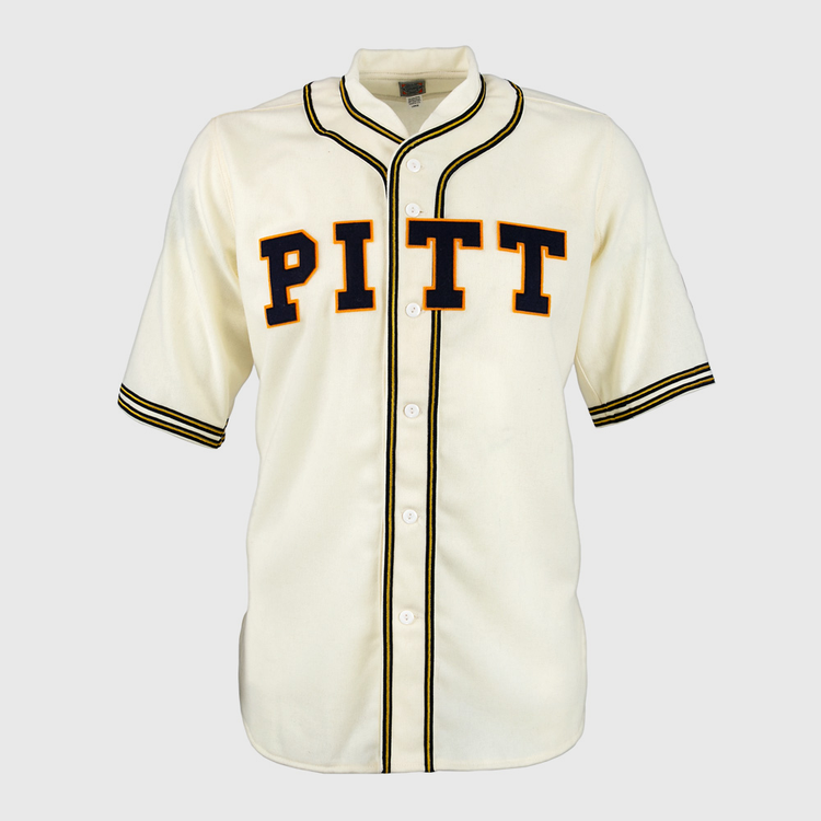 The EFF University of Pittsburgh 1939 Jersey is a cream authentic collegiate baseball jersey with black and gold trim, PITT across the front, center buttons, and striped sleeves and collar.