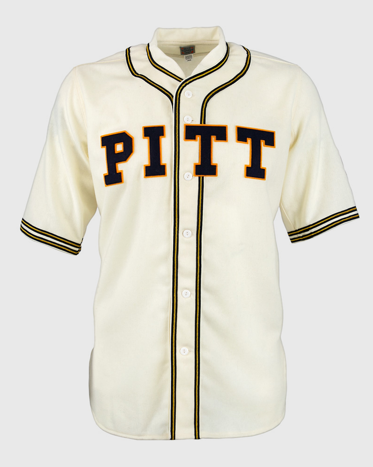 The EFF University of Pittsburgh 1939 Jersey is a cream authentic collegiate baseball jersey with black and gold trim, PITT across the front, center buttons, and striped sleeves and collar.