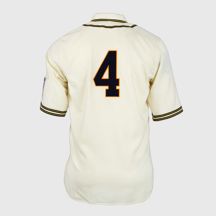 The EFF University of Pittsburgh 1939 Jersey is a cream-colored, classic collegiate baseball style with black and gold trim and a large number 4 in black outlined in gold on the back.