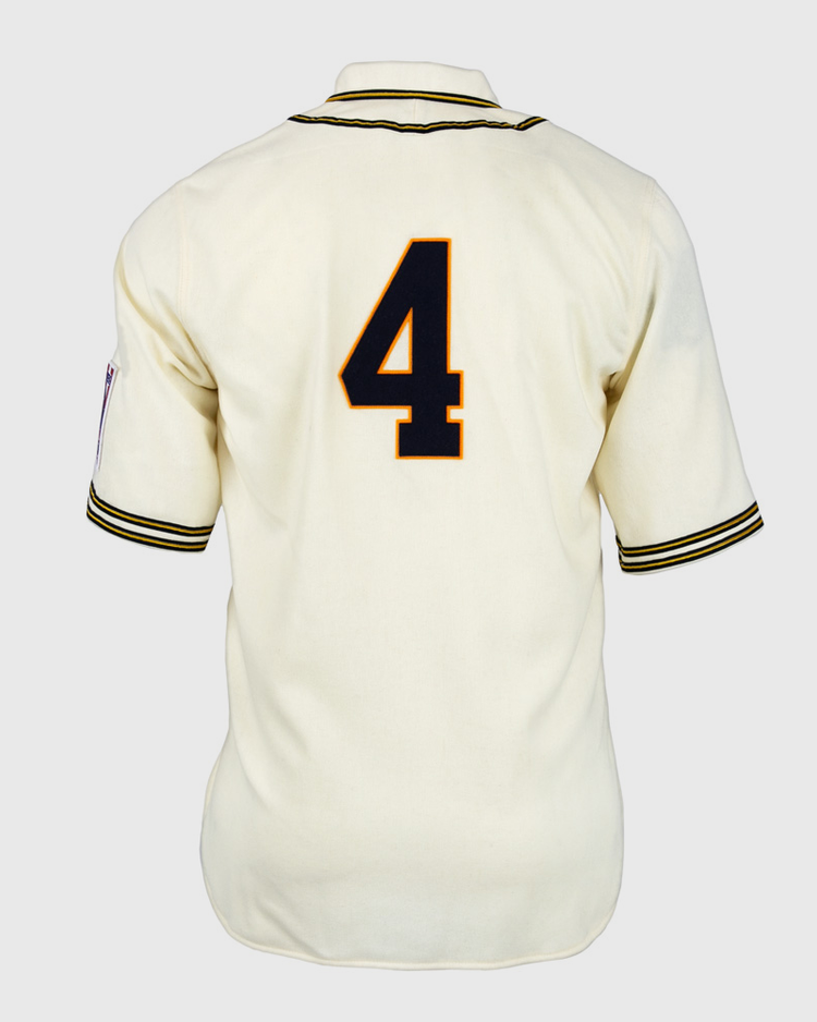 The EFF University of Pittsburgh 1939 Jersey is a cream-colored, classic collegiate baseball style with black and gold trim and a large number 4 in black outlined in gold on the back.