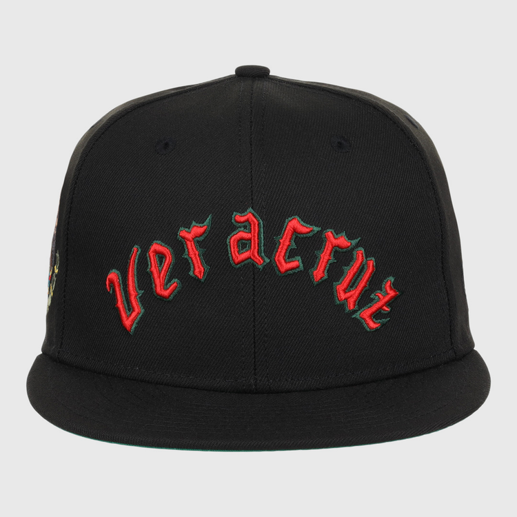 The EFF Veracruz Azules NLB Team Color Fitted Ballcap features veracruz in red with a green outline on black—an ideal Mexican League hat for fans and collectors, shown against a plain background.
