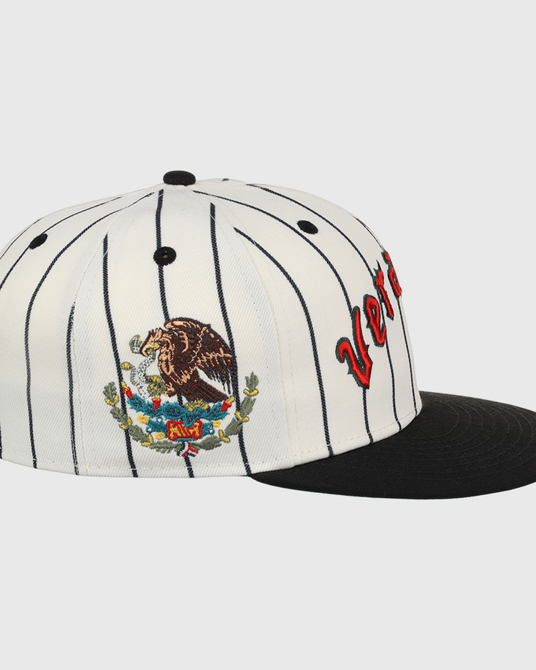 The EFF Veracruz NLB Pinstripe Fitted Ballcap features white fabric with black pinstripes, a black brim, side embroidery of the Mexican coat of arms, and partially visible red letters on the front.