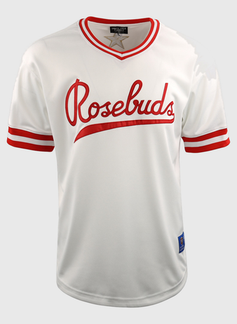 The Victoria Rosebuds EFF Lone Star Baseball Jersey by EFF is a white, short-sleeve jersey with red stripes, a V-neck collar, and Rosebuds in red script across the chest, representing the Lone Star League North Division team.
