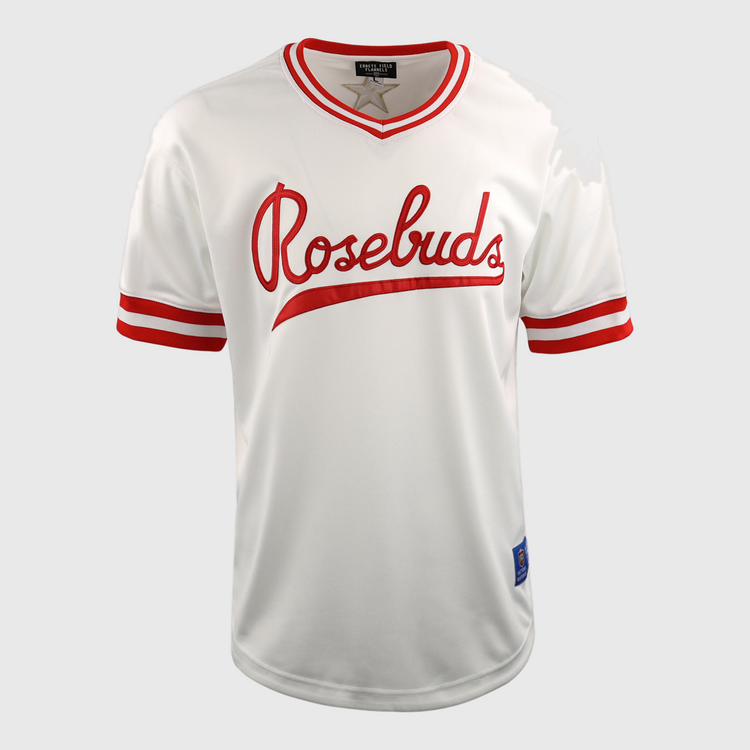 The Victoria Rosebuds EFF Lone Star Baseball Jersey by EFF is a white, short-sleeve jersey with red stripes, a V-neck collar, and Rosebuds in red script across the chest, representing the Lone Star League North Division team.