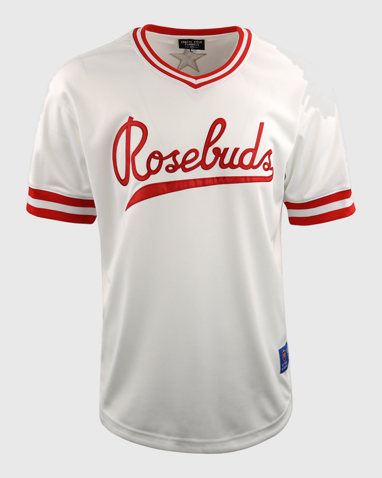 The Victoria Rosebuds EFF Lone Star Baseball Jersey by EFF is a white, short-sleeve jersey with red stripes, a V-neck collar, and Rosebuds in red script across the chest, representing the Lone Star League North Division team.