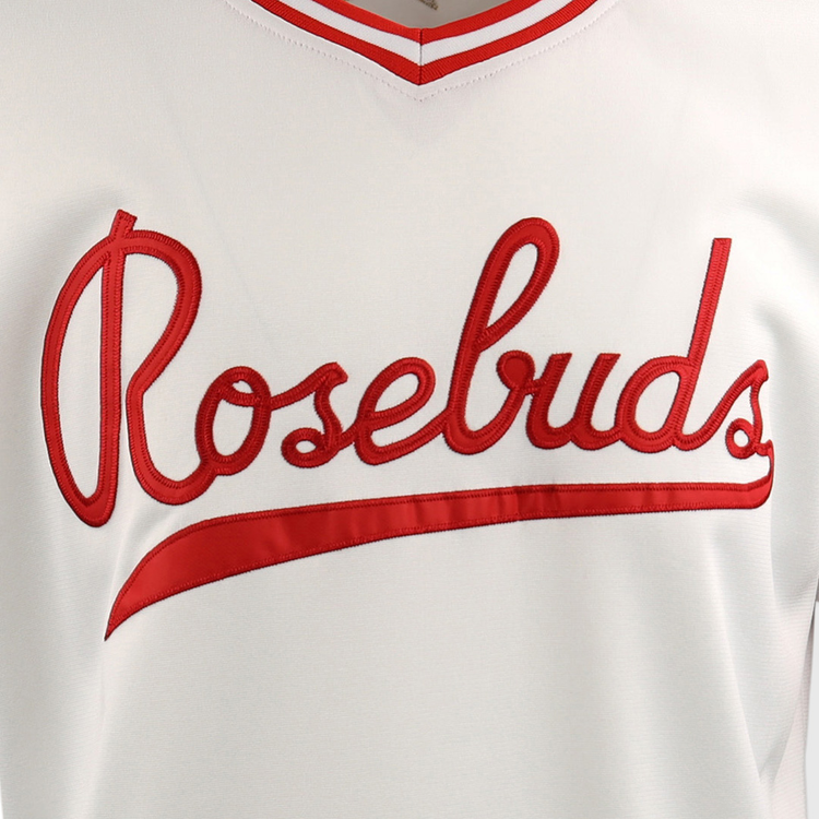 A close-up of the Victoria Rosebuds EFF Lone Star Baseball Jersey by EFF, showcasing Rosebuds in red script across the chest, representing the team from the Lone Star League’s North Division.