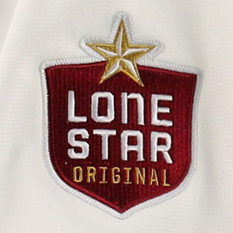 The Victoria Rosebuds EFF Lone Star Baseball Jersey by EFF features red and white colors with a gold star and “LONE STAR ORIGINAL” lettering—ideal for Victoria Rosebuds fans or Lone Star League North Division supporters.