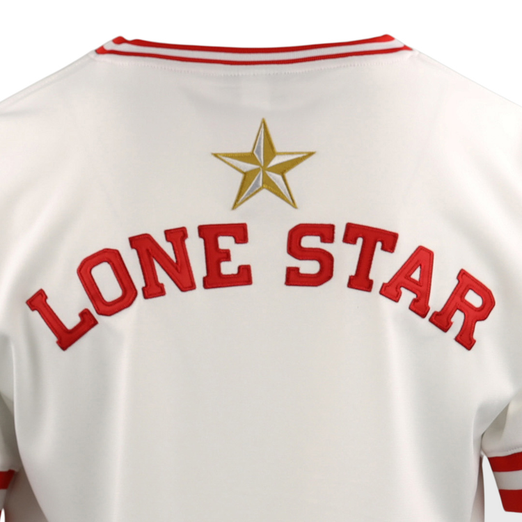 The EFF Victoria Rosebuds Lone Star Baseball Jersey features a white base with red trim, LONE STAR in large red letters on the back, and a gold star above—celebrating the Lone Star League’s North Division team.