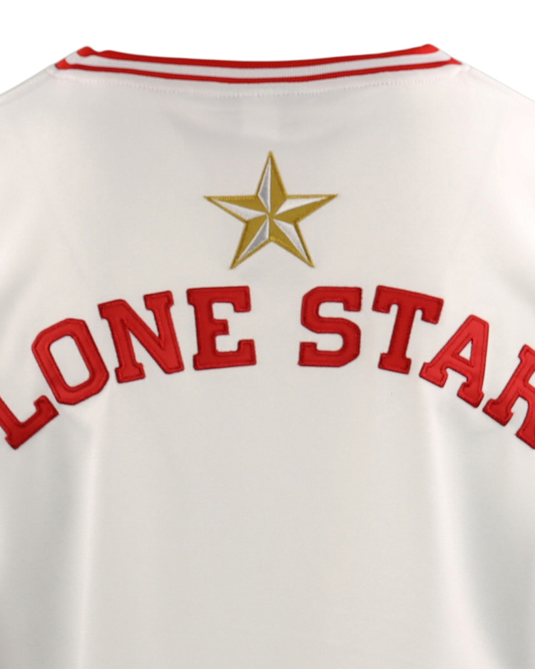 The EFF Victoria Rosebuds Lone Star Baseball Jersey features a white base with red trim, LONE STAR in large red letters on the back, and a gold star above—celebrating the Lone Star League’s North Division team.