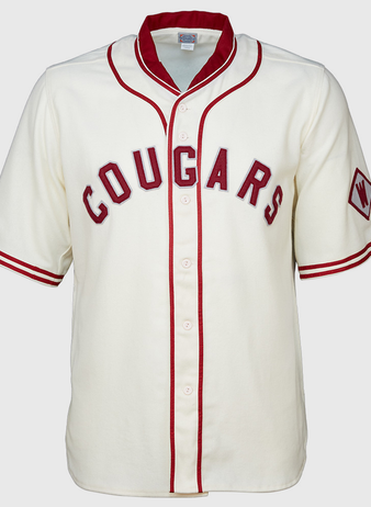 EFF’s Washington State University 1937 Home Jersey features a cream color with red piping, bold red COUGARS lettering on the chest, and a diamond-shaped W patch on the left sleeve—an authentic vintage reproduction.
