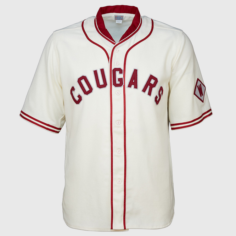 EFF’s Washington State University 1937 Home Jersey features a cream color with red piping, bold red COUGARS lettering on the chest, and a diamond-shaped W patch on the left sleeve—an authentic vintage reproduction.