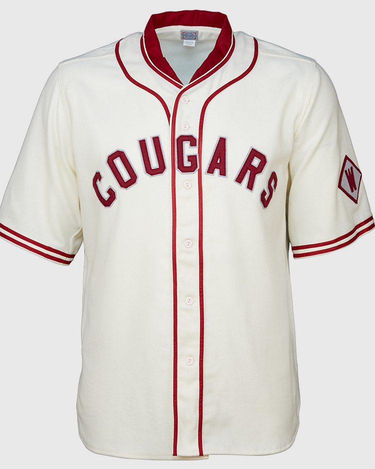 EFF’s Washington State University 1937 Home Jersey features a cream color with red piping, bold red COUGARS lettering on the chest, and a diamond-shaped W patch on the left sleeve—an authentic vintage reproduction.