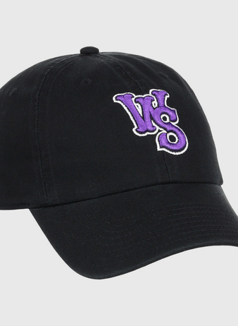 The Ebbets Field Winston-Salem Dash MiLB Dad Ballcap is a black cap featuring unique inverted “WS” letters in purple and white embroidery on the front.