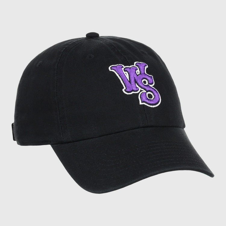 The Ebbets Field Winston-Salem Dash MiLB Dad Ballcap is a black cap featuring unique inverted “WS” letters in purple and white embroidery on the front.