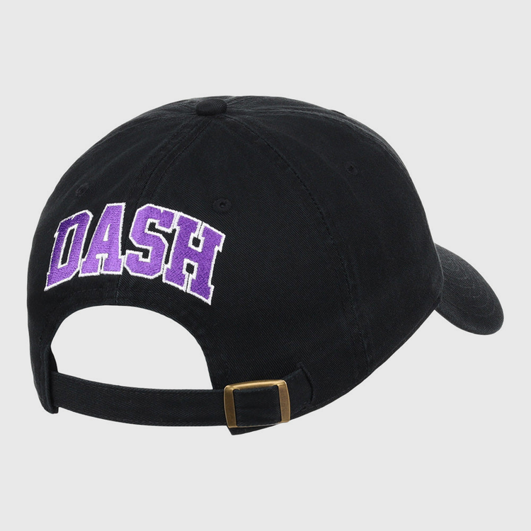 The Ebbets Field Winston-Salem Dash MiLB Dad Ballcap is a black cap with DASH in large purple and white letters embroidered on the back and features an adjustable strap with a brass buckle.
