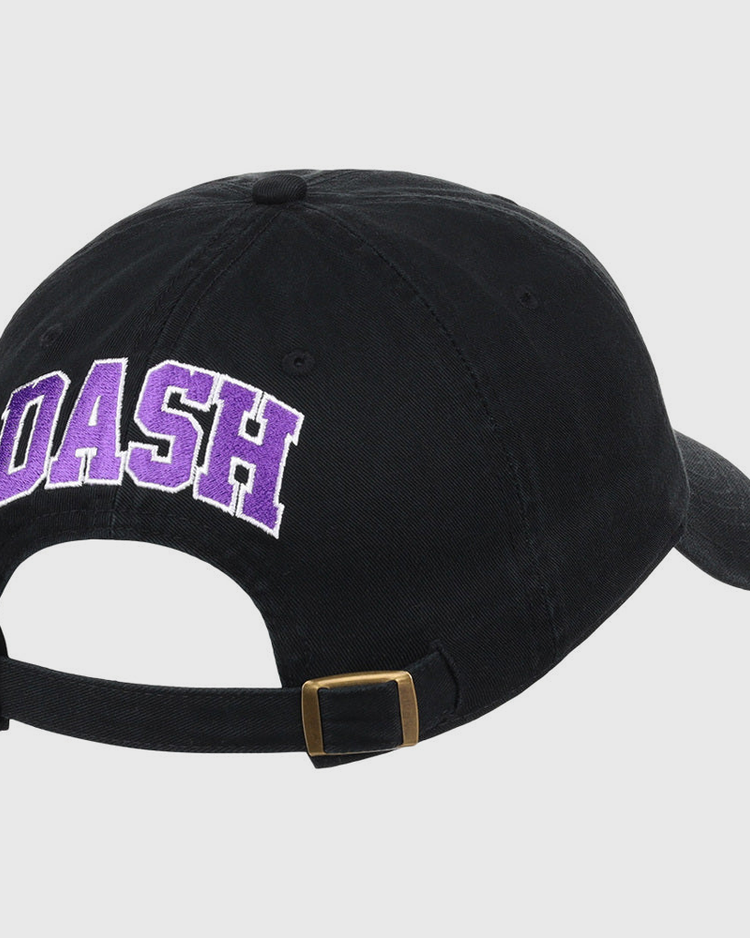 The Ebbets Field Winston-Salem Dash MiLB Dad Ballcap is a black cap with DASH in large purple and white letters embroidered on the back and features an adjustable strap with a brass buckle.