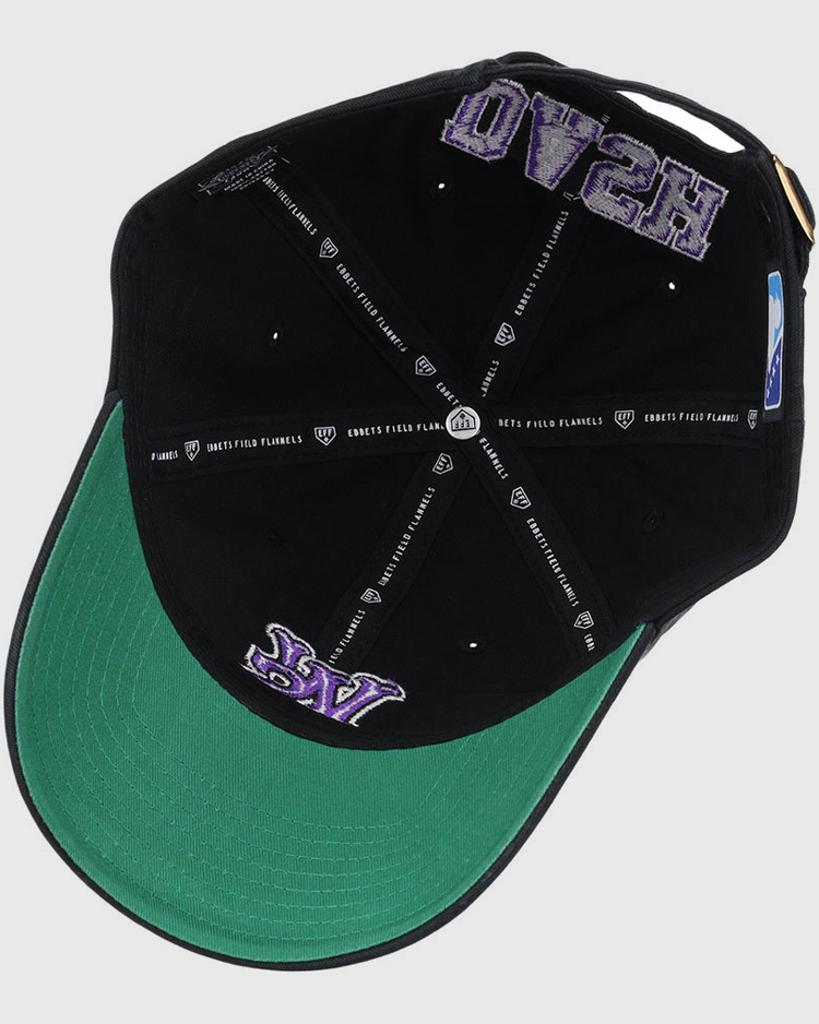 The Winston-Salem Dash MiLB Dad Ballcap by Ebbets Field is shown inside-out, featuring a green underbill, purple “LA” embroidery near the brim, and white text plus logos along the inner seams.