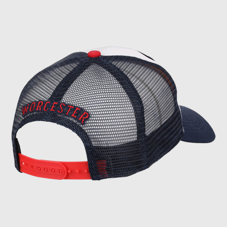 The Ebbets Field Worcester Red Sox MiLB Trucker Ballcap features a navy mesh back with red 